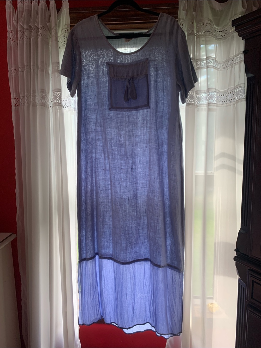 Light blue Short-Sleeve linen dress with Front Pocket - Women